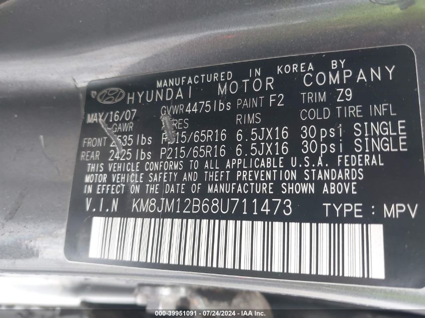 2008 Hyundai Tucson Gls VIN: KM8JM12B68U711473 Lot: 39951091