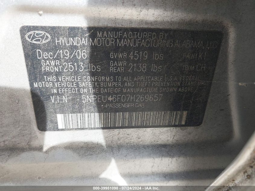 5NPEU46F07H269657 2007 Hyundai Sonata Limited/Se V6