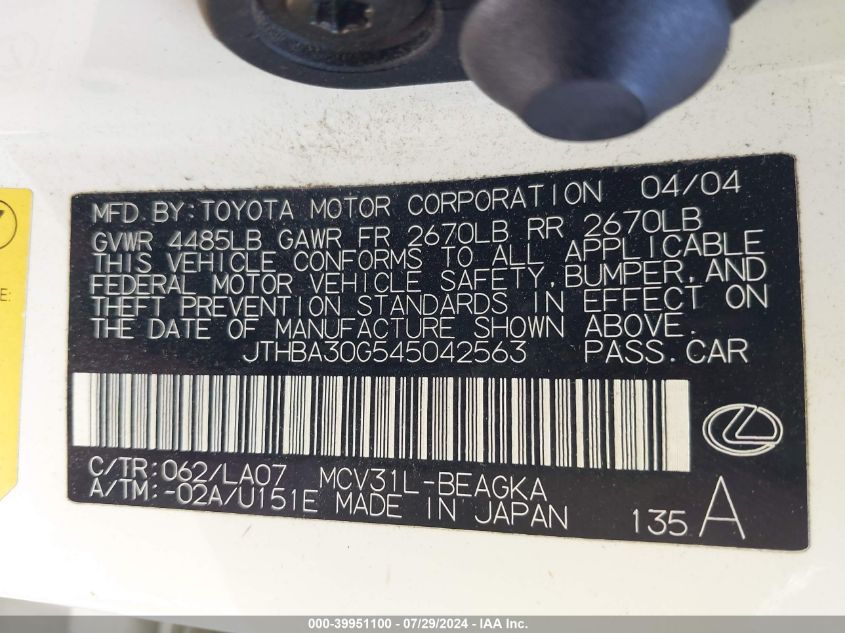 2004 Lexus Es 330 VIN: JTHBA30G545042563 Lot: 39951100