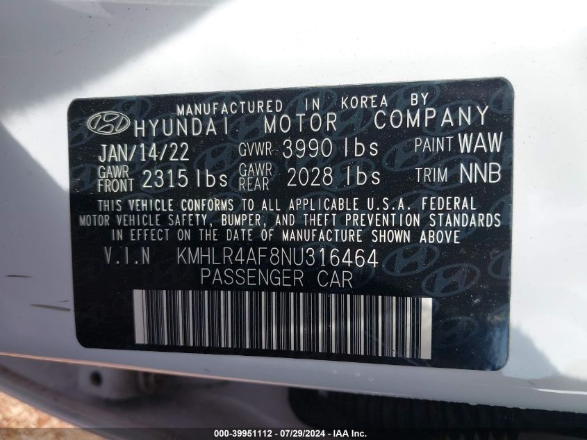 VIN KMHLR4AF8NU316464 2022 HYUNDAI ELANTRA N LINE