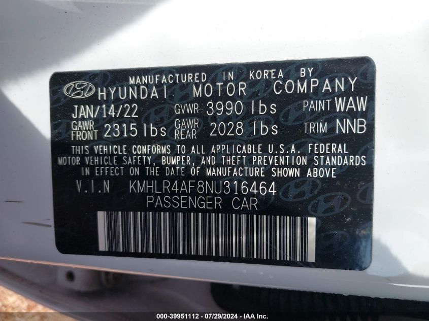 2022 Hyundai Elantra N Line VIN: KMHLR4AF8NU316464 Lot: 39951112