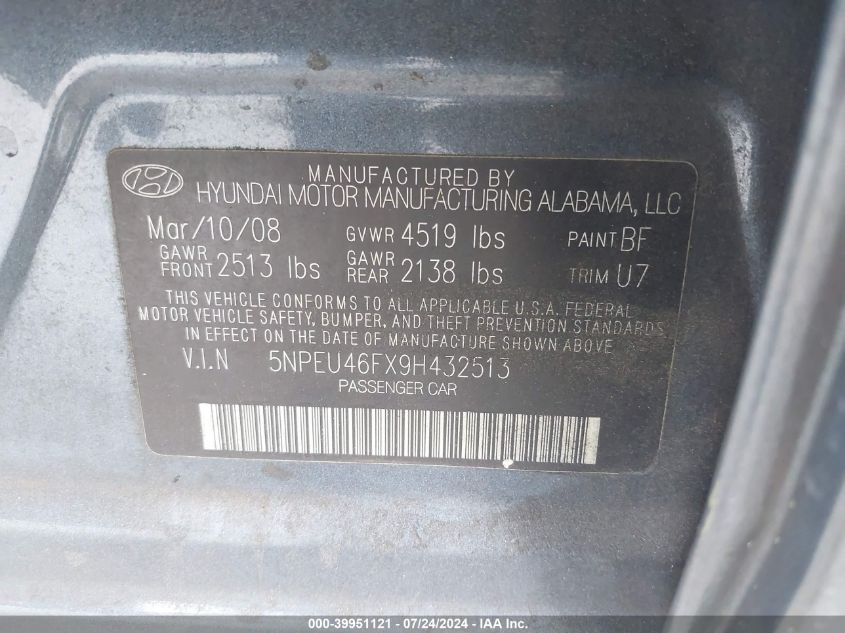 5NPEU46FX9H432513 | 2009 HYUNDAI SONATA