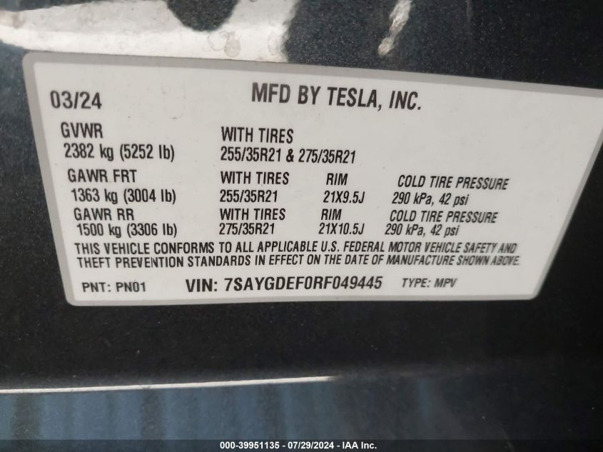 2024 Tesla Model Y Performance Dual Motor All-Wheel Drive VIN: 7SAYGDEF0RF049445 Lot: 39951135