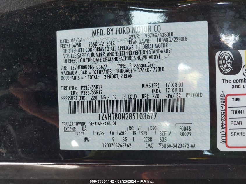 2008 Ford Mustang V6 Deluxe/V6 Premium VIN: 1ZVHT80N285103677 Lot: 39951142