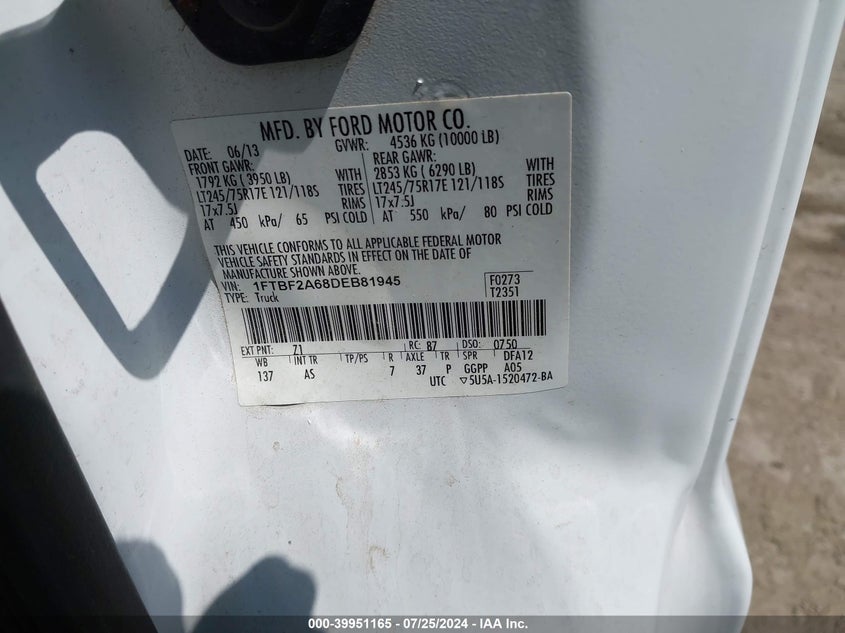 2013 Ford F-250 Xl VIN: 1FTBF2A68DEB81945 Lot: 39951165