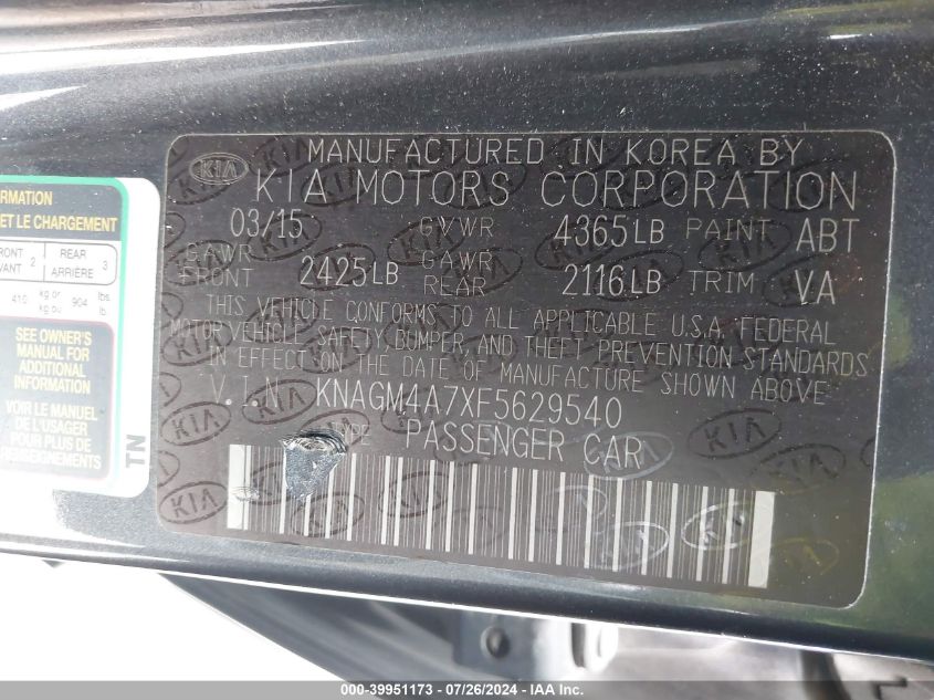2015 Kia Optima Lx VIN: KNAGM4A7XF5629540 Lot: 39951173
