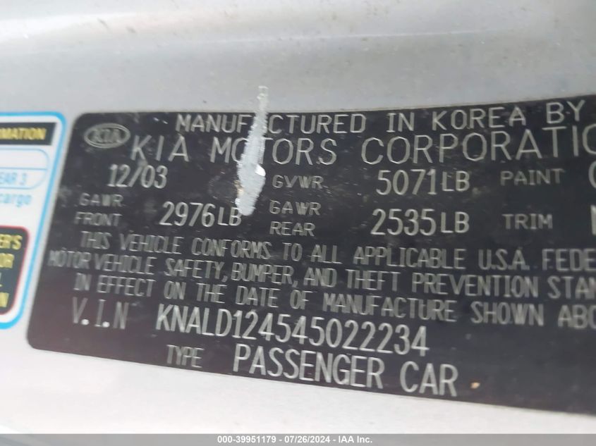 2004 Kia Amanti VIN: KNALD124545022234 Lot: 39951179