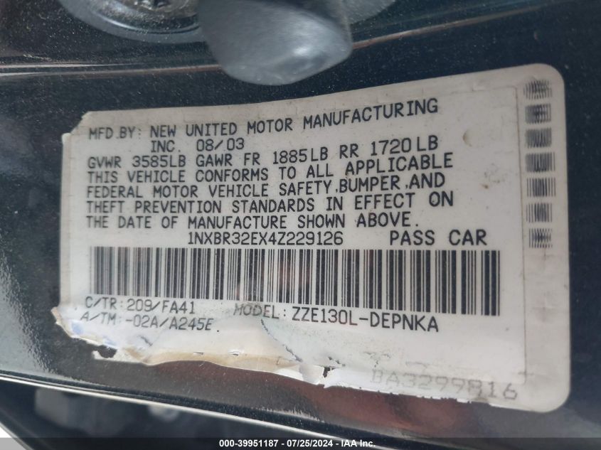 2004 Toyota Corolla Ce/Le/S VIN: 1NXBR32EX4Z229126 Lot: 39951187