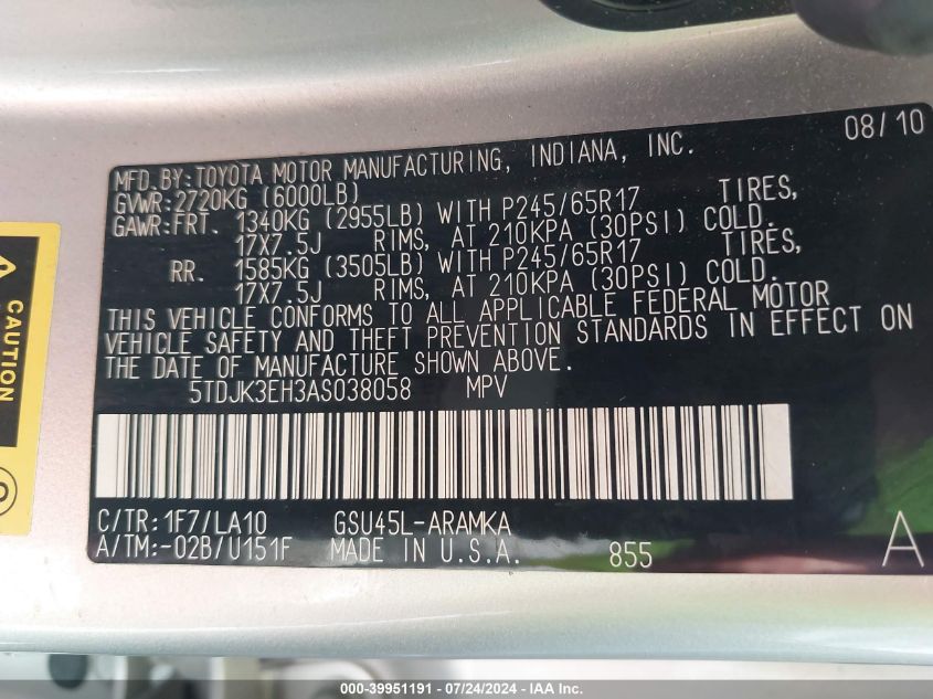 2010 Toyota Highlander Se V6 VIN: 5TDJK3EH3AS038058 Lot: 39951191