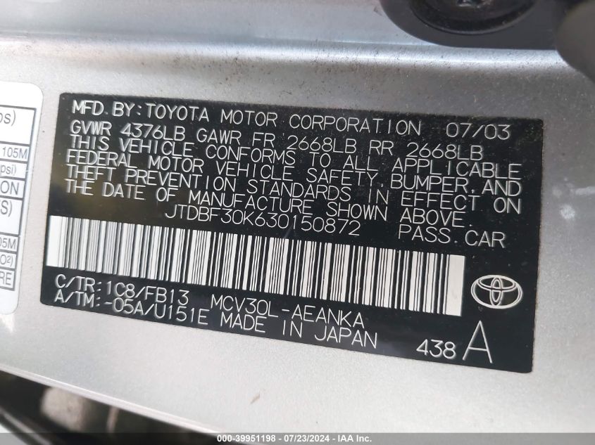 2003 Toyota Camry Le V6/Se V6/Xle V6 VIN: JTDBF30K630150872 Lot: 39951198