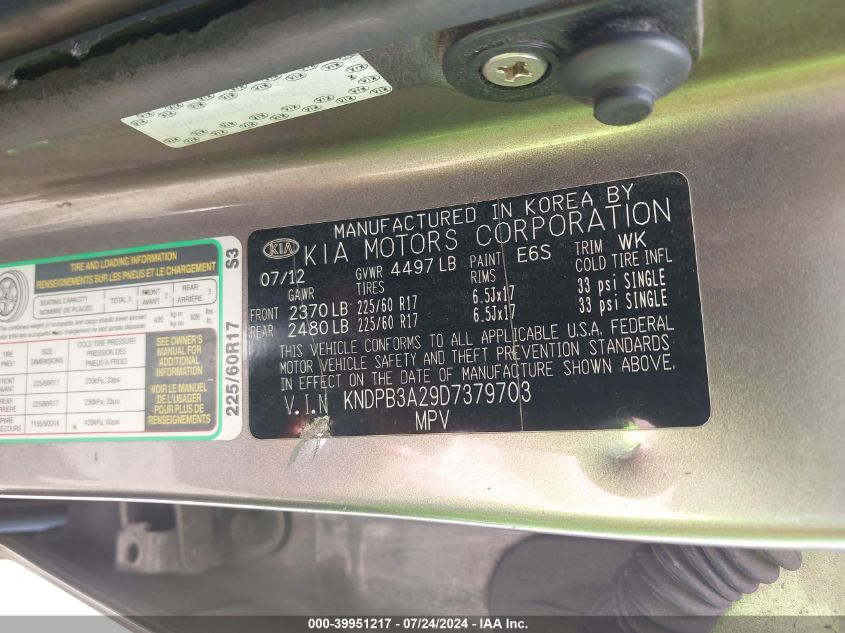 2013 Kia Sportage Lx VIN: KNDPB3A29D7379703 Lot: 39951217