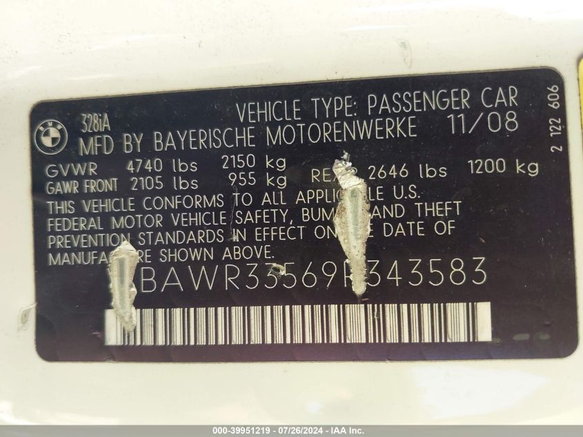 2009 BMW 328I I Sulev VIN: WBAWR33569P343583 Lot: 39951219