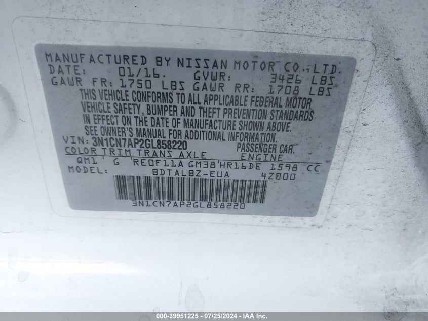 2016 Nissan Versa 1.6 S/1.6 S+/1.6 Sl/1.6 Sv VIN: 3N1CN7AP2GL858220 Lot: 39951225