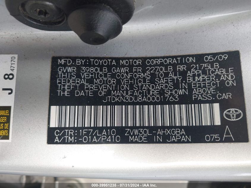 2010 Toyota Prius Iv VIN: JTDKN3DU8A0001763 Lot: 39951235