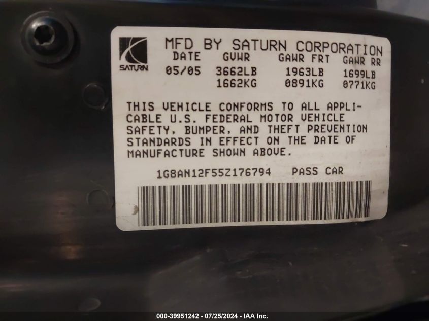 2005 Saturn Ion 2 VIN: 1G8AN12F55Z176794 Lot: 39951242