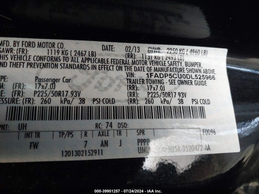 2013 Ford C-Max Energi Sel VIN: 1FADP5CU0DL525966 Lot: 39951257