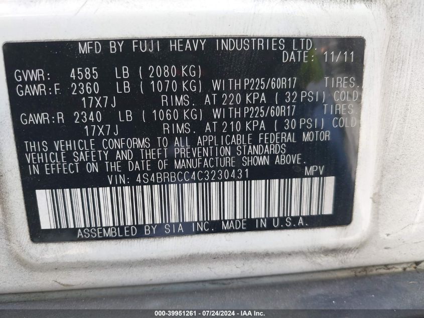 2012 Subaru Outback 2.5I Premium VIN: 4S4BRBCC4C3230431 Lot: 39951261