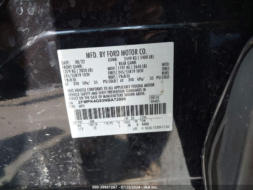 2022 Ford Edge Se VIN: 2FMPK4G93NBA72896 Lot: 39951267