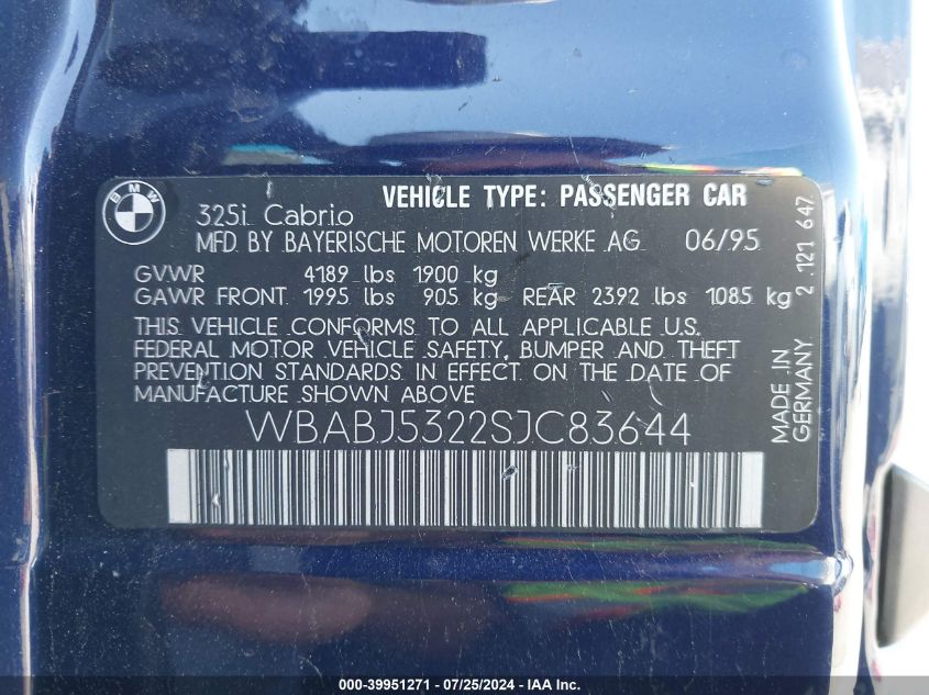 1995 BMW 325 Ic VIN: WBABJ5322SJC83644 Lot: 39951271