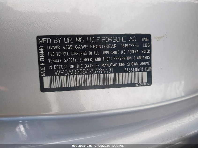 2007 Porsche 911 Turbo VIN: WP0AD29947S784431 Lot: 39951286