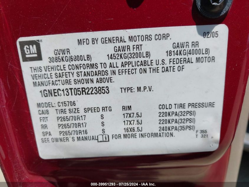 2005 Chevrolet Tahoe Lt VIN: 1GNEC13T05R223853 Lot: 39951293