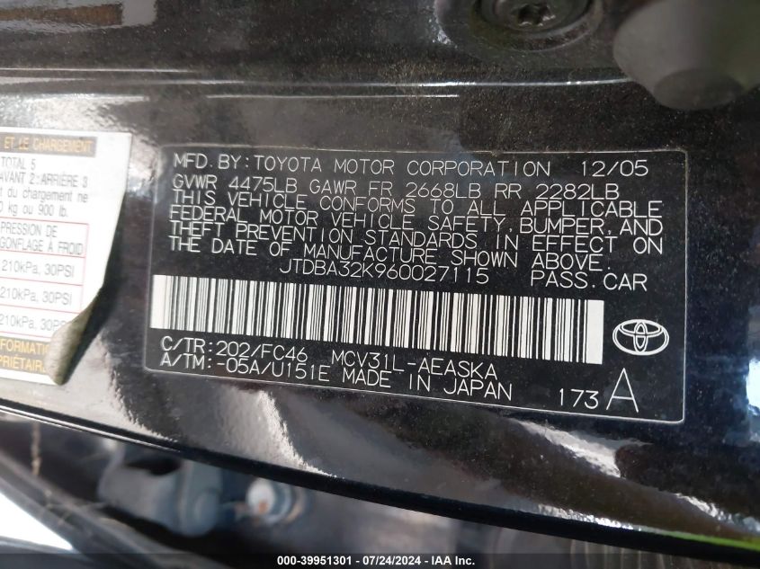 JTDBA32K960027115 2006 Toyota Camry Se V6