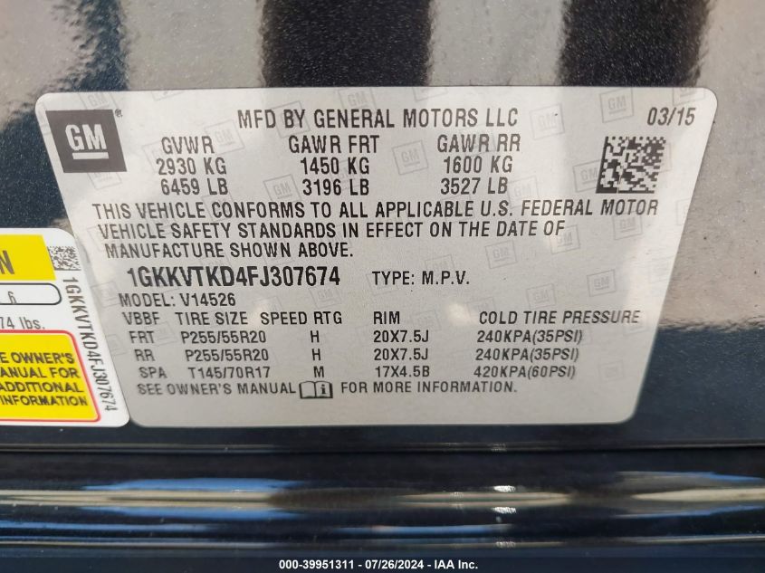 2015 GMC Acadia Denali VIN: 1GKKVTKD4FJ307674 Lot: 39951311