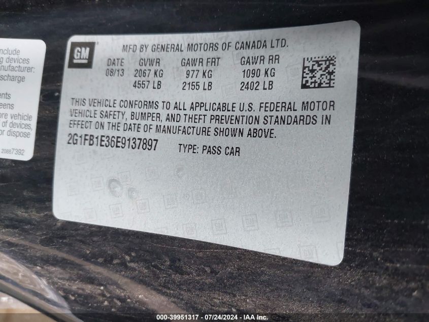 2014 Chevrolet Camaro 1Lt VIN: 2G1FB1E36E9137897 Lot: 39951317