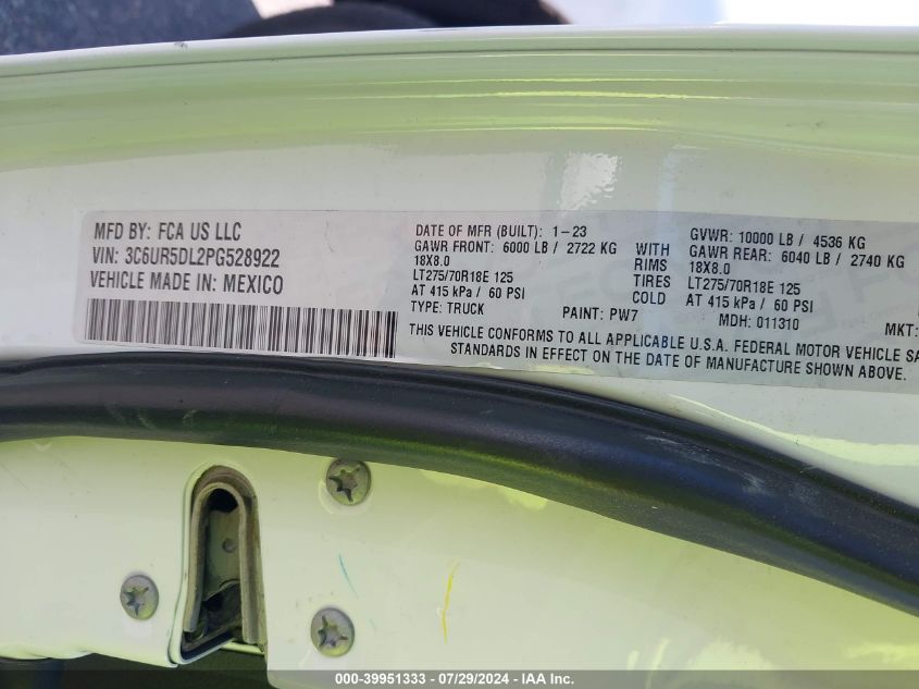 2023 Ram 2500 Big Horn VIN: 3C6UR5DL2PG528922 Lot: 39951333