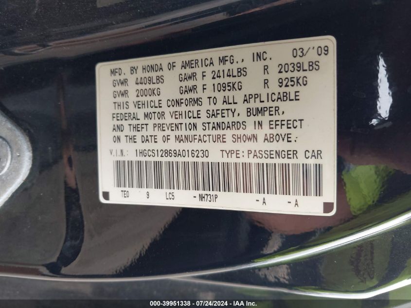 2009 Honda Accord 2.4 Ex-L VIN: 1HGCS12869A016230 Lot: 39951338