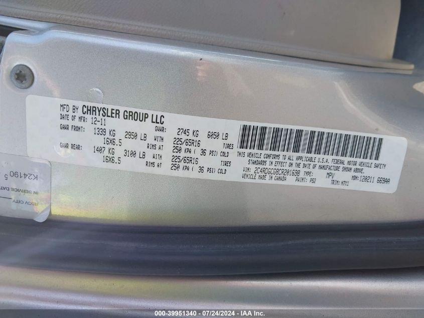 2012 Dodge Grand Caravan Sxt VIN: 2C4RDGCG8CR201698 Lot: 39951340