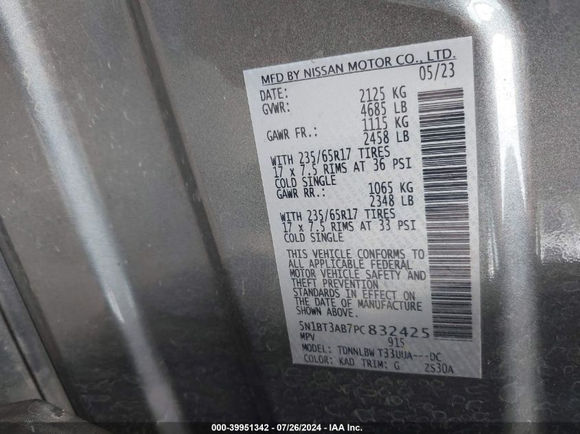 2023 Nissan Rogue S VIN: 5N1BT3AB7PC832425 Lot: 39951342