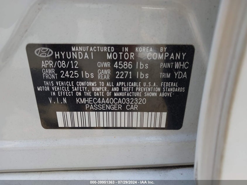 2012 Hyundai Sonata Hybrid Hybrid VIN: KMHEC4A40CA032320 Lot: 39951363