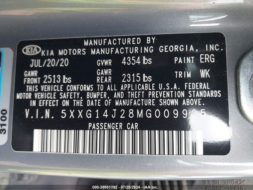 2021 Kia K5 Lxs VIN: 5XXG14J28MG009925 Lot: 39951392