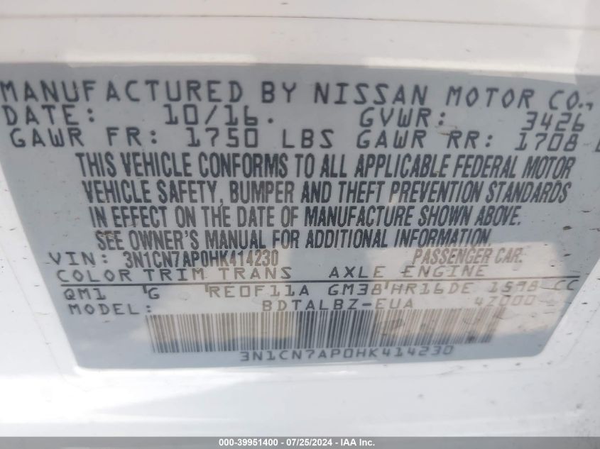 2017 Nissan Versa S/S Plus/Sv/Sl VIN: 3N1CN7AP0HK414230 Lot: 39951400