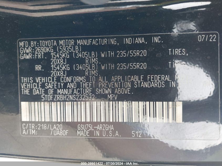 2022 Toyota Highlander Limited VIN: 5TDFZRBH2NS232532 Lot: 39951422