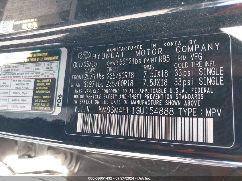 2016 Hyundai Santa Fe Se VIN: KM8SM4HF1GU154888 Lot: 39951432