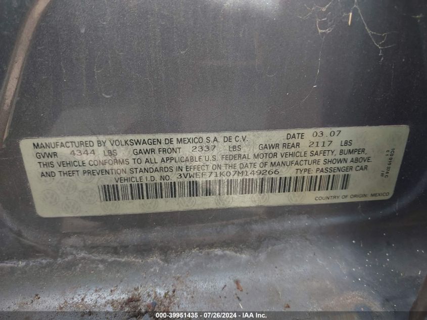 2007 Volkswagen Jetta Wolfsburg Edition VIN: 3VWEF71K07M149266 Lot: 39951435