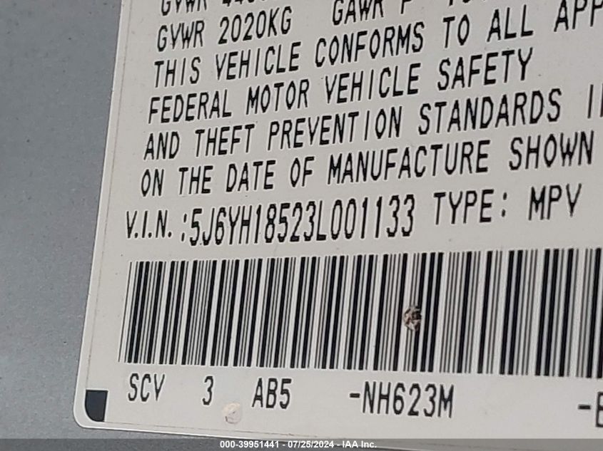 2003 Honda Element Ex VIN: 5J6YH18523L001133 Lot: 39951441