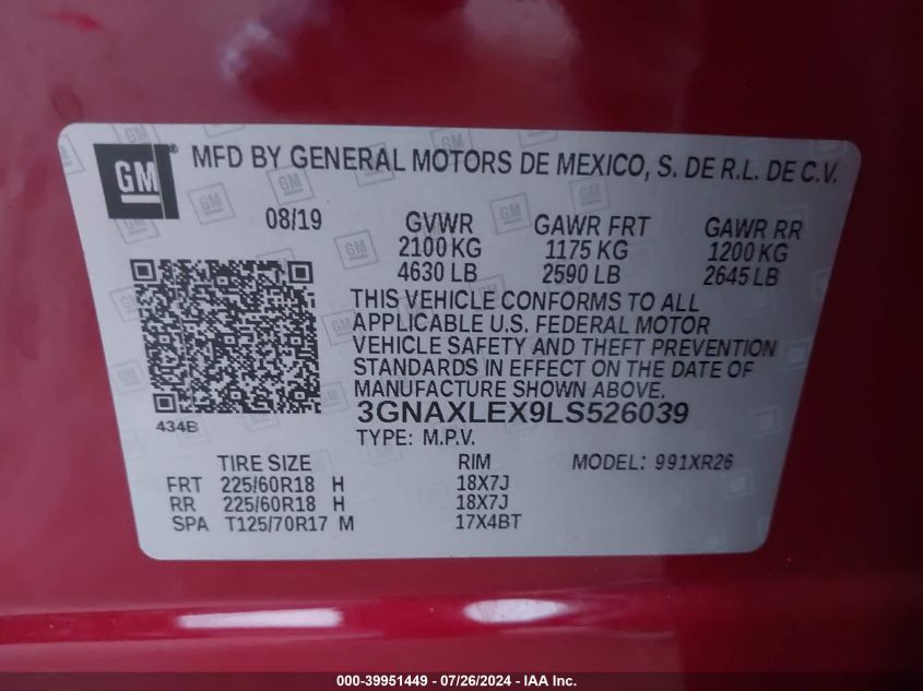 2020 Chevrolet Equinox Fwd Lt 2.0L Turbo VIN: 3GNAXLEX9LS526039 Lot: 39951449