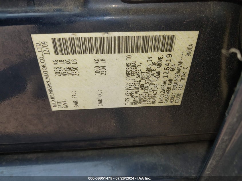 2010 Nissan Altima Hybrid VIN: 1N4CL2AP5AC126419 Lot: 39951475