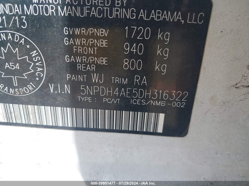 2013 Hyundai Elantra Gls VIN: 5NPDH4AE5DH316322 Lot: 39951477