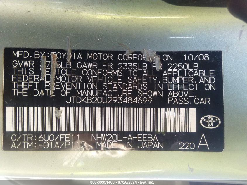 2009 Toyota Prius Standard/Touring VIN: JTDKB20U293484699 Lot: 39951480