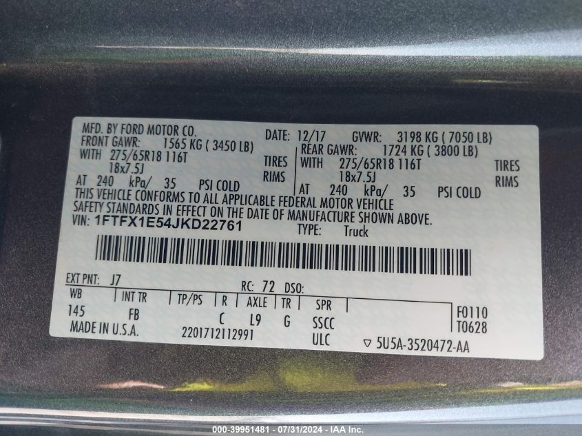 2018 Ford F150 Super Cab VIN: 1FTFX1E54JKD22761 Lot: 39951481