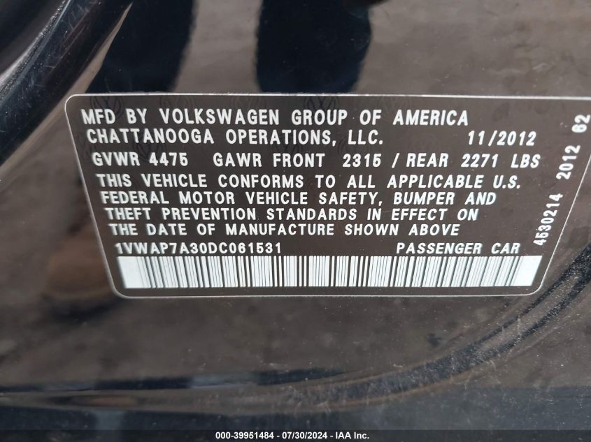 1VWAP7A30DC061531 2013 Volkswagen Passat 2.5L S/2.5L Wolfsburg Edition