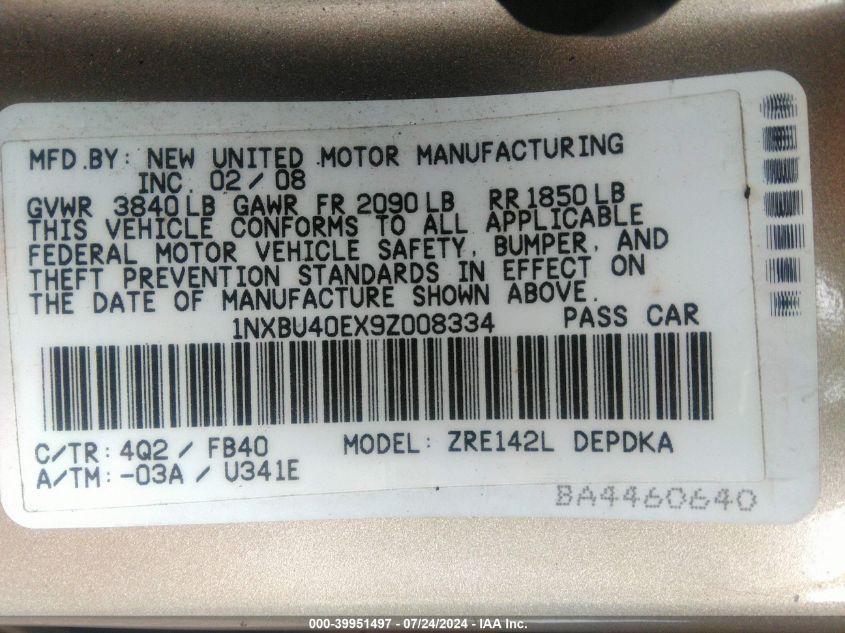 2009 Toyota Corolla Le VIN: 1NXBU40EX9Z008334 Lot: 39951497