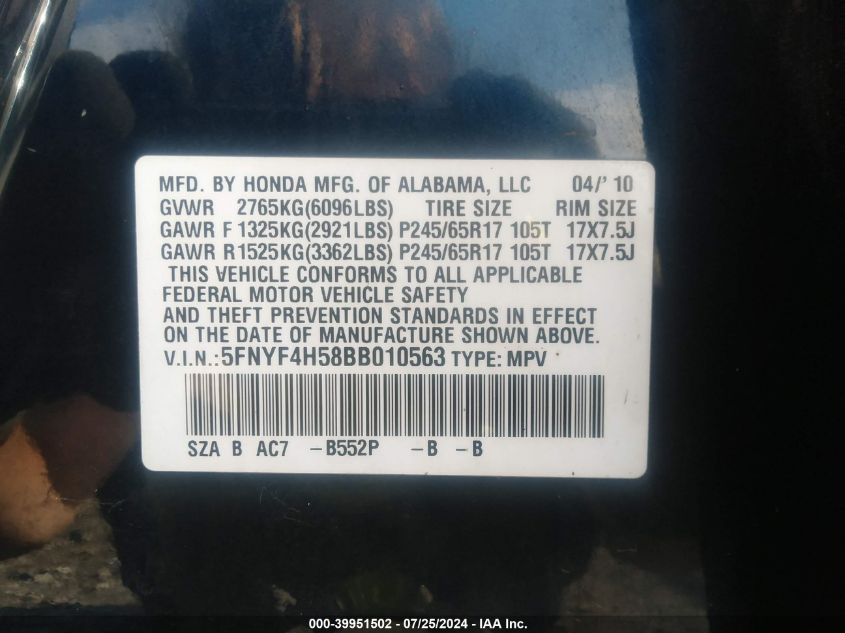 2011 Honda Pilot Ex-L VIN: 5FNYF4H58BB010563 Lot: 39951502