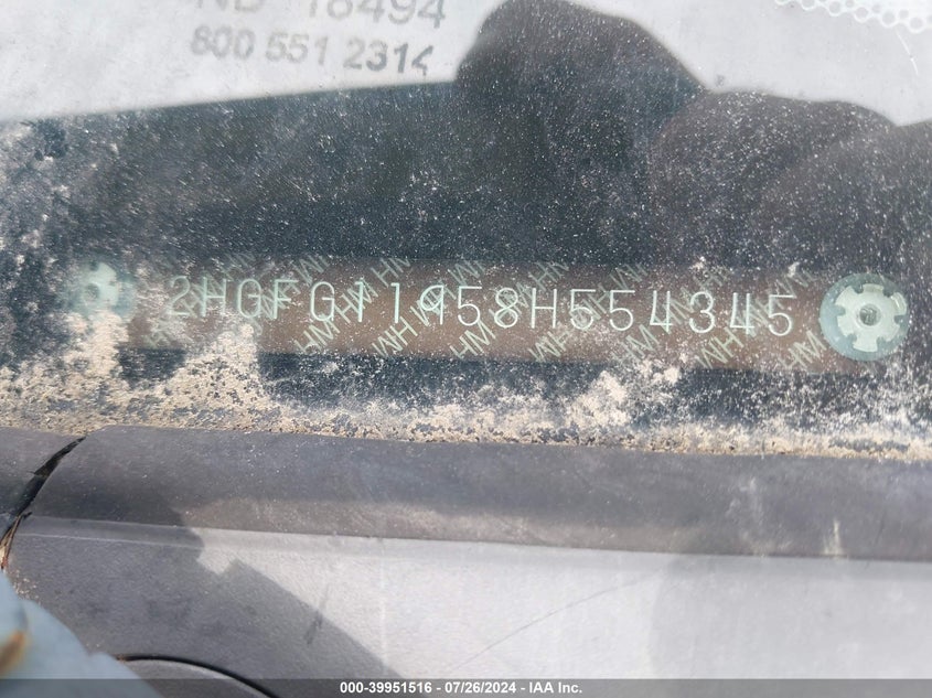 2008 Honda Civic Ex-L VIN: 2HGFG11958H554345 Lot: 39951516