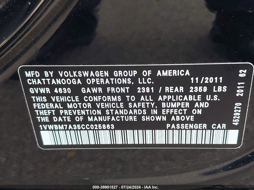 2012 Volkswagen Passat Se VIN: 1VWBM7A35CC025863 Lot: 39951527
