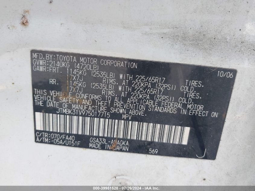 2007 Toyota Rav4 Limited V6 VIN: JTMBK31V975017715 Lot: 39951528